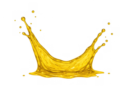 Yellow oil liquid forming a dynamic splash crown with flying drops. Transparent background for versatile use