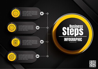 Professional infographic layout with 4 steps in yellow and black, business data presentation and workflow design, modern editable template for reports and analytics, not AI generated.