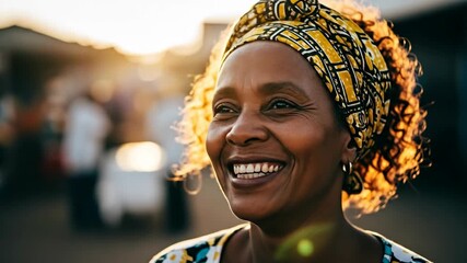 Joyful Black woman smiles broadly in warm sunlight. She is wearing a patterned headscarf