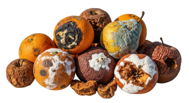 Pile Of Rotten Citrus And Apples With Mold And Decay isolated on Transparent Background