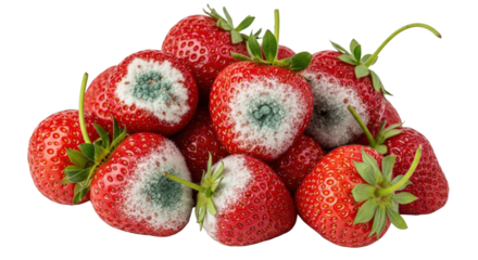 Pile Of Ripe Red Strawberries With Blue Mold Rot And White Sugar Crystals On Transparent Background