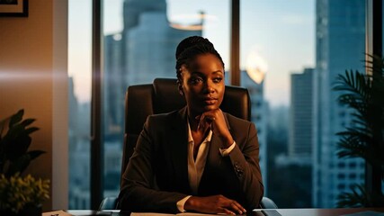 A thoughtful Black woman sits in a chair in a suit by the window. She is in an office looking thoughtful - Powered by Adobe