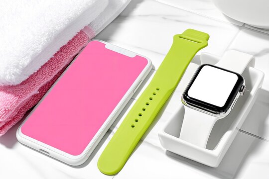 A modern smartwatch with a white band and a bright pink smartphone are displayed alongside a green watch strap and neatly folded towels.