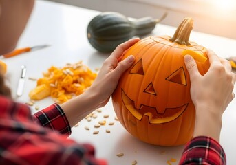 Hands Carving Spooky Jack O'Lantern Pumpkin for Halloween Decoration and Autumn Hobby