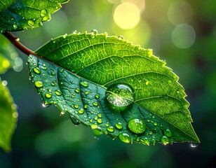 Close-up of water droplets on a vibrant green leaf, sunlight