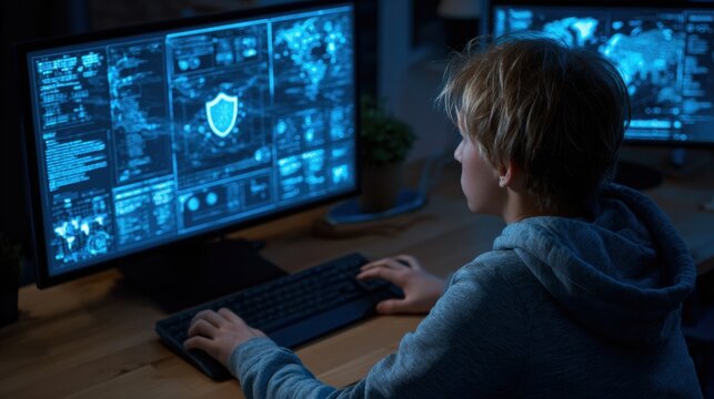 Young Person Engages With Computer Setup Illustrating Secure Network Visualization for Internet Safety Awareness