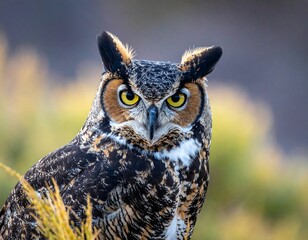Close-up of a Great Horned Owl staring intently at the viewer