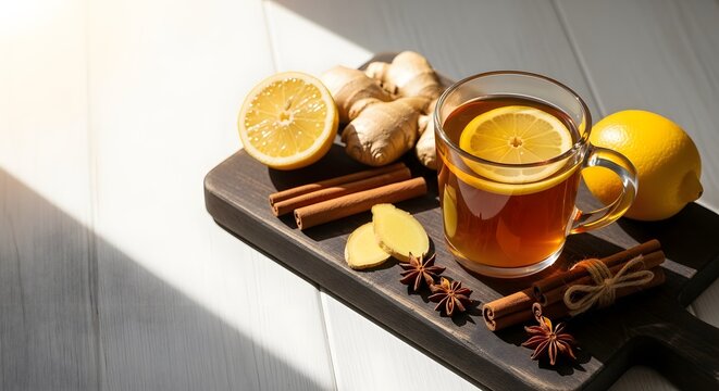 Hot Ginger Tea with Lemon, Cinnamon, and Star Anise for Natural Health and Wellness