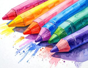 Close-up of watercolor pencils in vibrant colors with watercolor effects