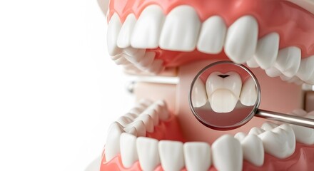 Obraz premium Dental Mirror Examining Tooth Decay and Cavity on Model Jaw for Oral Health and Science
