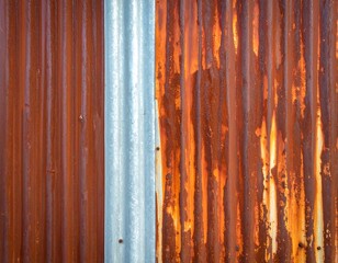 Close-up of weathered corrugated metal with color contrast
