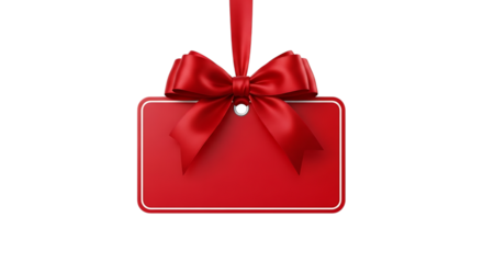 Blank red gift tag with a satin ribbon bow hanging transparent background perfect for holiday sales and promotions