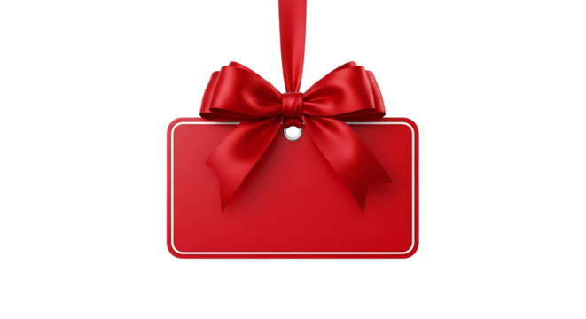 Blank red gift tag with a satin ribbon bow hanging transparent background perfect for holiday sales and promotions