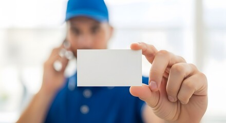 Service Worker in Blue Uniform Holding Blank Business Card for Contact and Service Concept