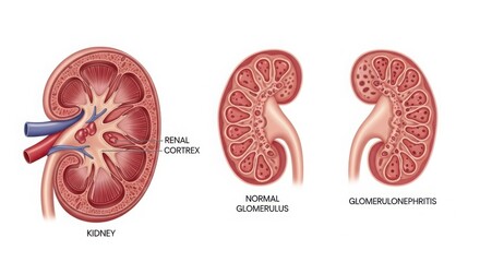 Detailed anatomical illustration of human kidneys with cross-sections and labels illustration