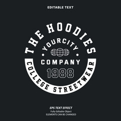 Editable Text Effect Vector of Black White Streetwear Utilitarian circle College hoodie or t-shirt Design for Printing, garment, merchandise, apparel, small business, team