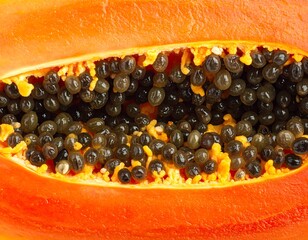 Close-up of a halved, ripe tropical fruit showcasing its core