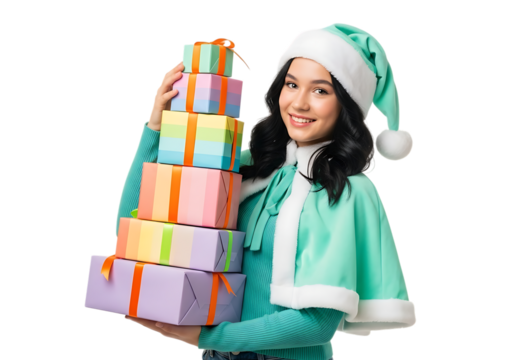 Smiling young woman holding a stack of colorful Christmas gifts wearing a Santa hat and cape isolated on white transparent background