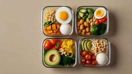 Healthy meal prep boxes with eggs avocado chickpeas and fresh vegetables clean eating concept