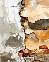 Close-up of weathered exterior wall, revealing brick and plaster layers