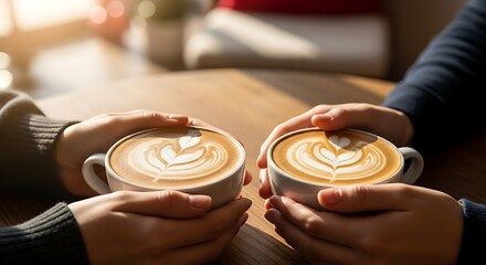 Two people hold matching cups of cappuccino with perfect latte art over a wooden table, capturing a cozy coffee date, friendship, morning ritual, and warm, intimate conversation moment.