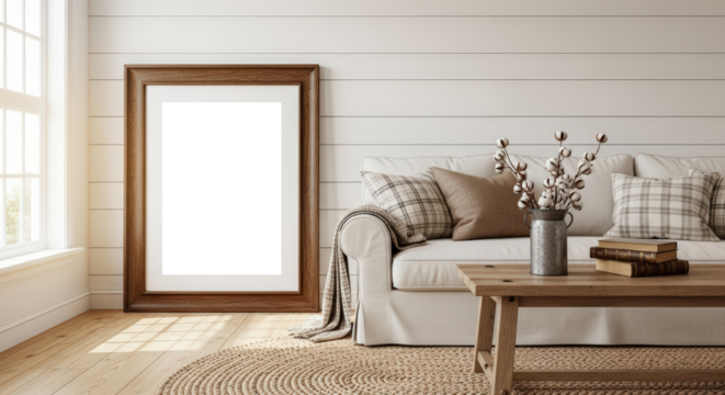 Rustic Living Room With White Sofa and Framed Art Cozy Neutral Tones Natural Light Wooden Furniture