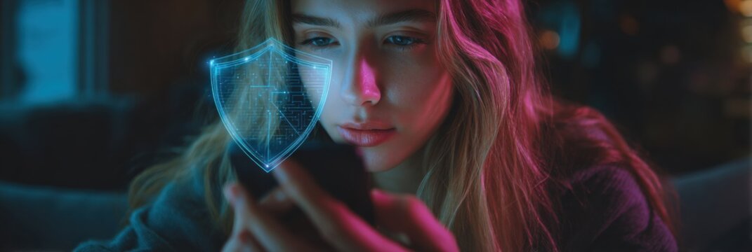 Woman Interacts With Smartphone While Holographic Shield Symbol Promotes Privacy Protection at Night - Powered by Adobe