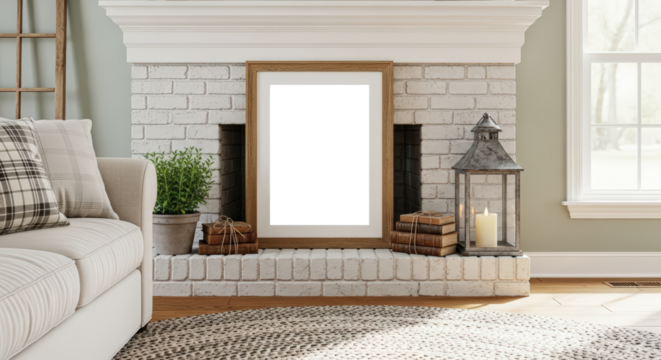 Rustic Living Room Fireplace With Blank Picture Frame Cozy Atmosphere Soft Natural Light Warm Tones