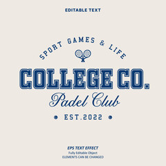 Editable Text Effect Vector of Blue cream Vintage college style padel club or t-shirt apparel Design for Printing, garment, merchandise, apparel, small business, team