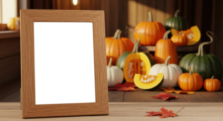 Rustic Wooden Frame With Assorted Autumn Pumpkins And Gourds In Warm Golden Light