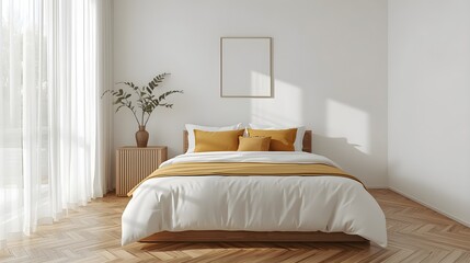 Serene bedroom with natural light and minimalist decor featuring a comfortable bed and warm tones