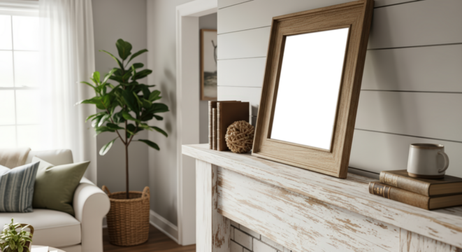 Rustic Wooden Frame With Blank White Space On A Shiplap Fireplace Mantle With Books And A Plant