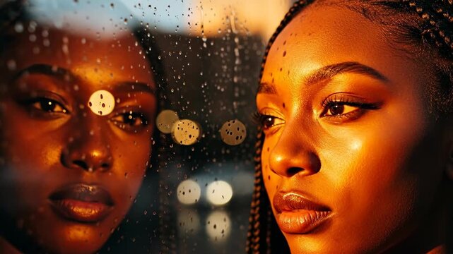 A close-up shot of a Black woman reflecting in glass covered in raindrops. The lighting is warm