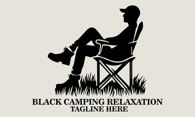 silhouette black camping relaxation a person lounging in a camping chair illustration vector,  backpacking day vector illustration
