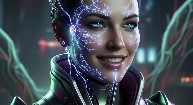 A futuristic smiling woman with glowing, neural network interface lines tracing her face, embodying advanced AI, augmented reality, cyberpunk themes, technology, and biotechnology integration.