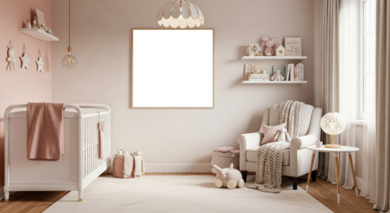 Serene nursery with crib and plush armchair soft pink walls and warm natural light through curtains