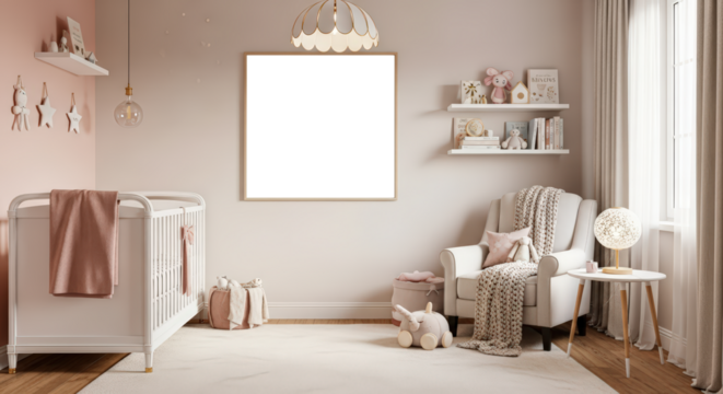 Serene nursery with crib and plush armchair soft pink walls and warm natural light through curtains
