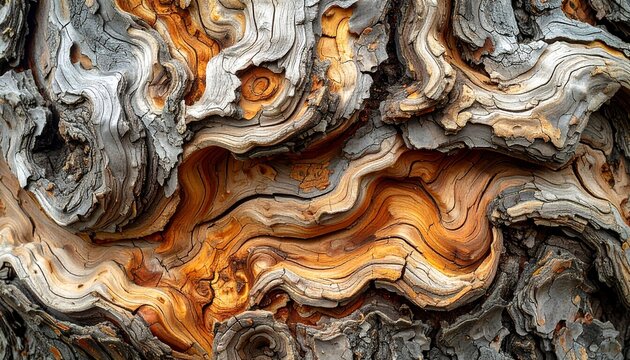 Close-up of weathered, textured tree bark with swirling patterns and colors