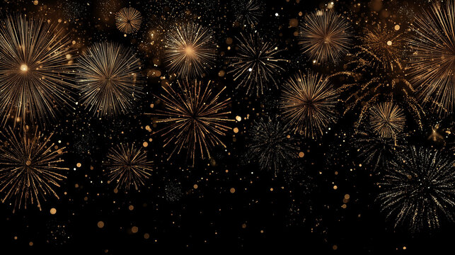 Exploding golden fireworks display against a dark night sky background