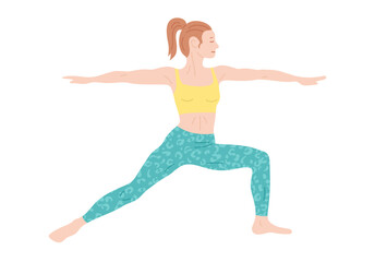 Woman do yoga or Pilates exercises cartoon vector illustration. Young girl doing yoga exercise warrior pose. Stretching, fitness workout, yoga class sport training. Healthy wellness lifestyle balance
