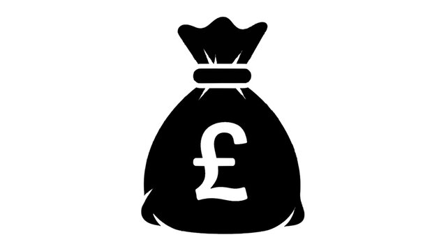 Vector illustration of black money bag icon with pound sterling symbol, representing finance and wealth on a transparent background
