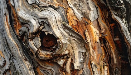 Close-up of weathered tree bark showing textures and knot details