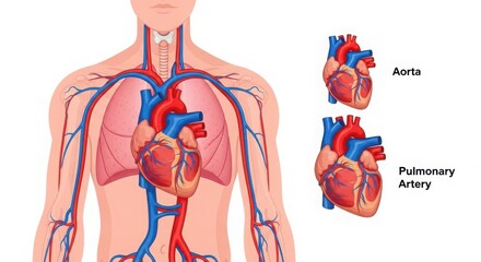 Detailed anatomical illustration of the human heart and circulatory system with labels illustration
