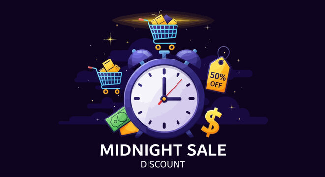 Midnight Sale Discount Shopping with Clock, Carts, and Money