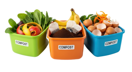 Three Compost Bins Filled With Food Scraps And Organic Materials isolated on Transparent Background