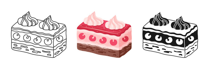 Piece of Cake with sponge cake, cream and cherries texture symbol cartoon set. Sweet holiday pastry dessert linear doodle icon. Abstract Birthday cake simple stylized sign Vector illustration