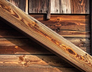 Close-up of aged wooden structure with diagonal beam and shadows