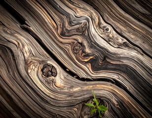 Close-up of weathered wood grain, details, and tiny green sprout