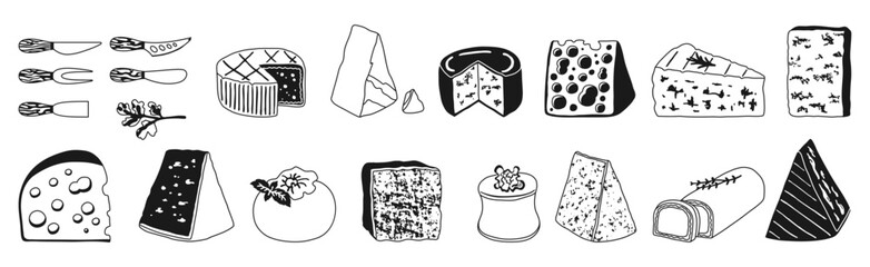 Cheese hand drawn black and white glyph set illustration. Different types of cheese contour Brie, Camembert, Swiss cheese with holes, Parmesan. Vector doodle line design for food or dairy projects