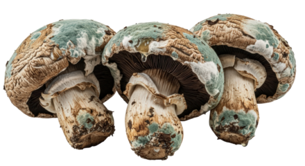 Three Decaying Brown Mushrooms with Blue Green Mold Isolated on Transparent Background